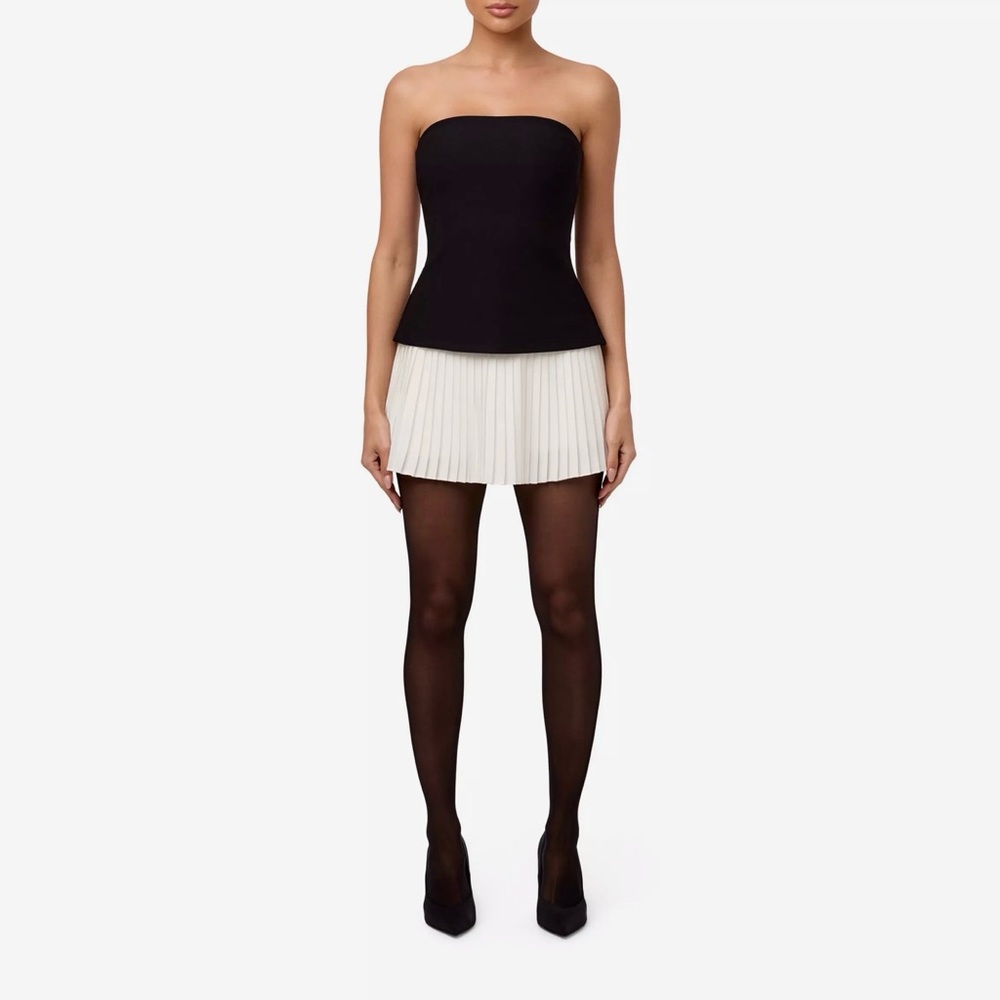 naked wardrobe Black Strapless Top with White Pleated Mini Skirt